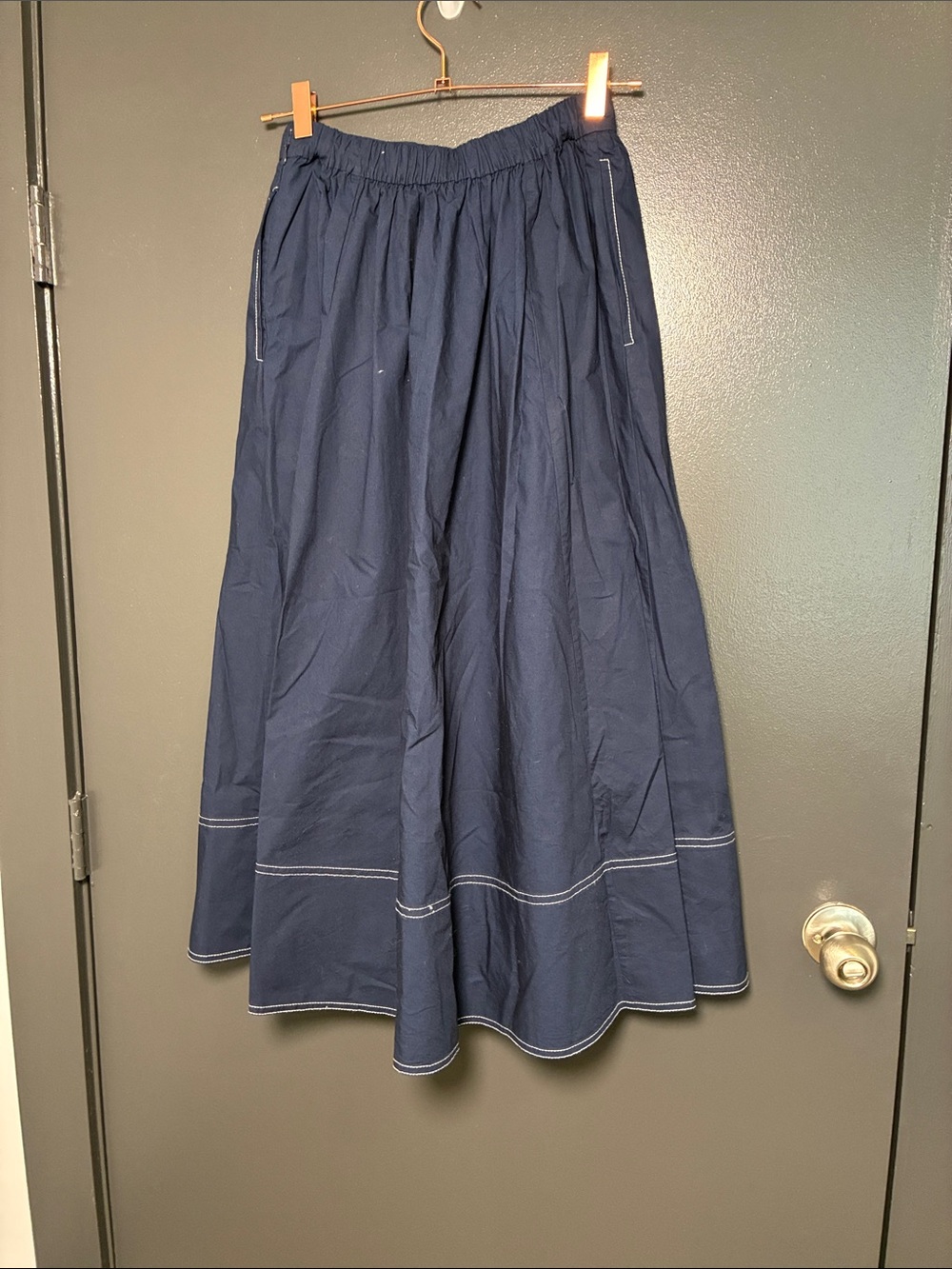NWT J Crew navy blue Contrast-stitch midi skirt in cotton poplin Sz 0 - Picture 4 of 6